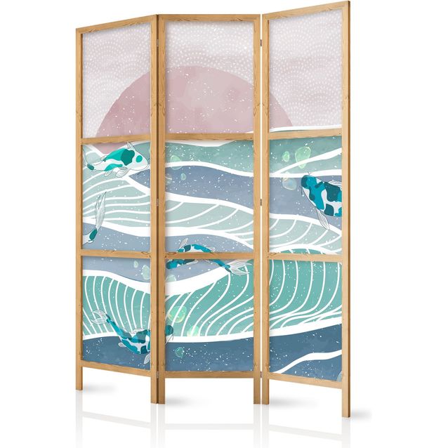 Japanilainen sermi - Koi Fish Among Waves - Japanese Fish Amidst Waves in Shades of Turquoise and White