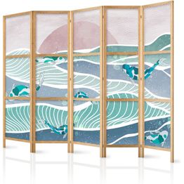 Japanilainen sermi Artgeist Koi Fish Among Waves Japanese Fish Among Waves in Shades of Turquoise and White, 172x225cm, turkoosi
