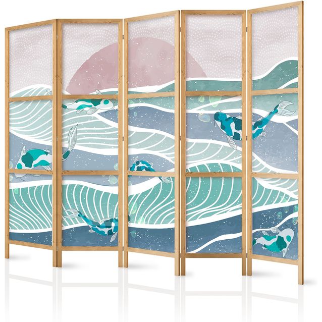 Japanilainen sermi - Koi Fish Among Waves - Japanese Fish Among Waves in Shades of Turquoise and White