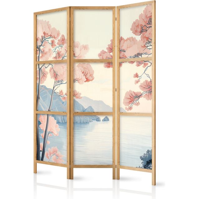 CONFIGURABLE PÄÄTUOTE - Japanilainen sermi - Landscape with the Ocean - Cliffs - and Trees in Delicate Pink Shades. 17463