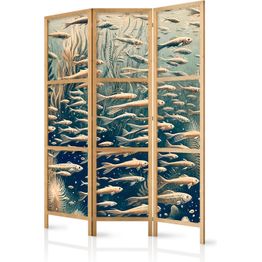 Japanilainen sermi Artgeist Life in the Ocean Underwater World of Fish and Vegetation in Beige and Navy Retro Style, 172x135cm, harmaa