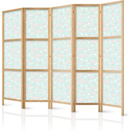 Japanilainen sermi Artgeist Minimalist Fish Fishes From Grey Dots Against a Crystal Sheet of Water in Mint Green Colors, 172x225cm, mustavalkoinen