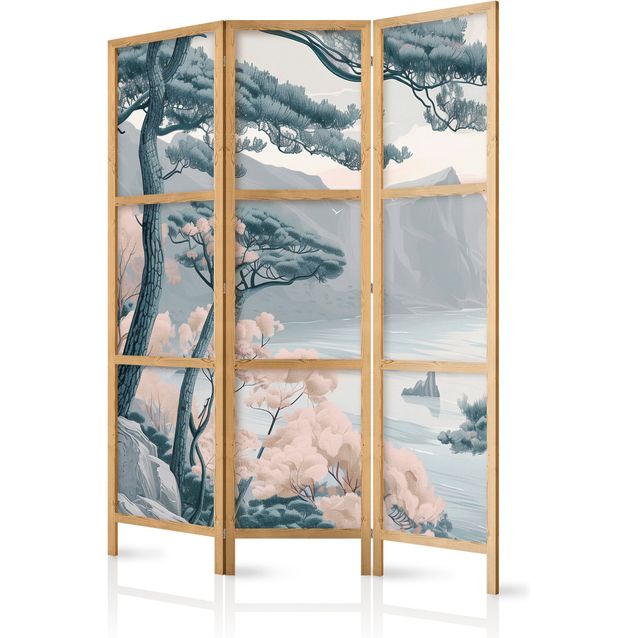 CONFIGURABLE PÄÄTUOTE - Japanilainen sermi - Mountainous Coastline with Trees and Rocks in Light Pastel Blues. 18750