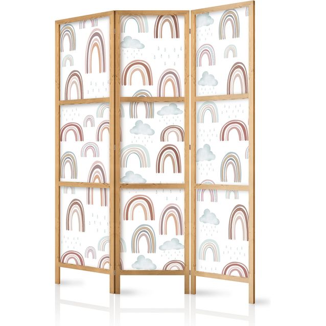 CONFIGURABLE PÄÄTUOTE - Japanilainen sermi - Rainbows and Clouds - Various-sized rainbows in muted colors among rain clouds in a pale blue shade. 34996
