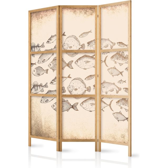 CONFIGURABLE PÄÄTUOTE - Japanilainen sermi - Sketch of a School of Fish - Sketches of Various Species of Fish Swimming in a School on a Beige Background in Vintage Style 07368