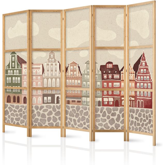 Japanilainen sermi - Solny Square - Colorfully Illustrated Townhouses Against a Sky with Clouds.