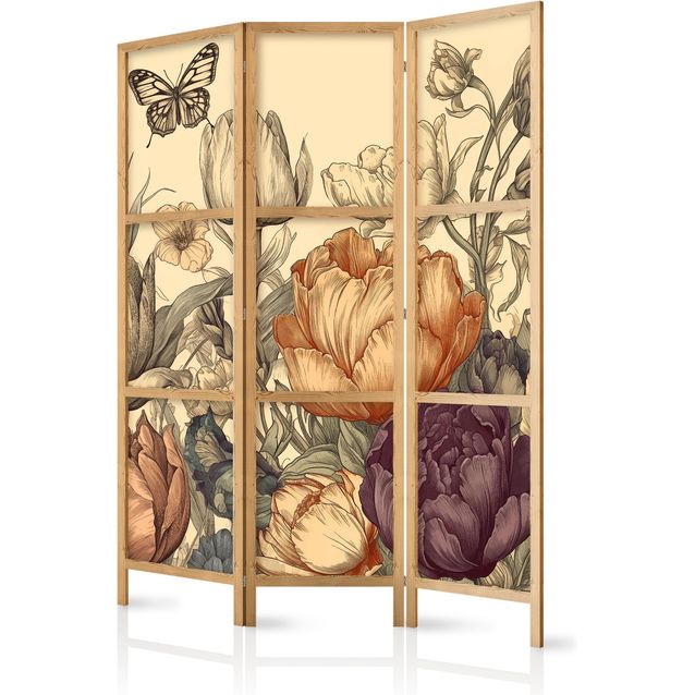 CONFIGURABLE PÄÄTUOTE - Japanilainen sermi - Tulips in Cream - Illustration of Flowers and Butterflies on a Light Background 06668