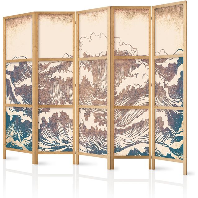 Japanilainen sermi - Turbulent Ocean - High Waves in Brown And Navy Colors on a Beige Background in Vintage Style