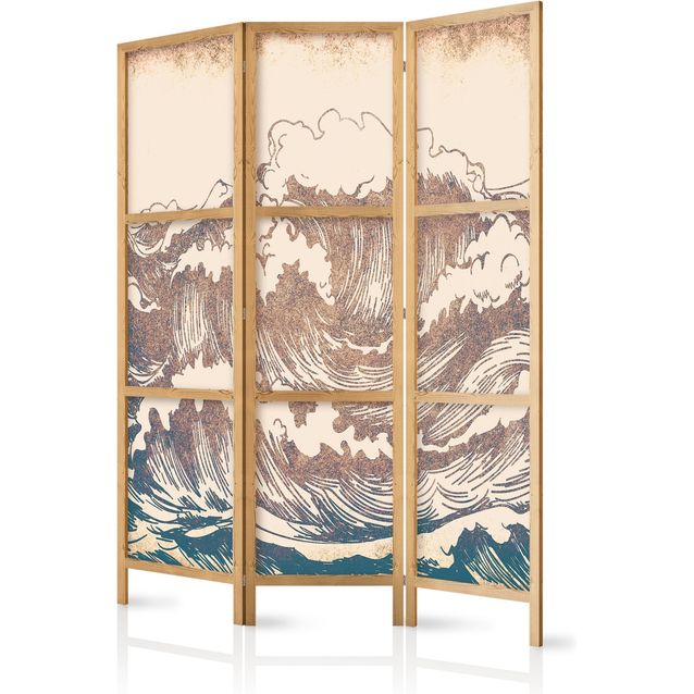 Japanilainen sermi - Turbulent Ocean - High Waves in Brown and Navy on a Beige Background in Vintage Style