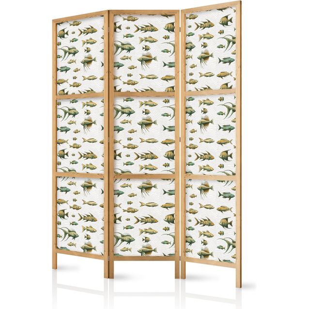 Japanilainen sermi - Unusual Species of Fish - Cluster of Fish in Muted Retro Style on a Background of Beige Lines