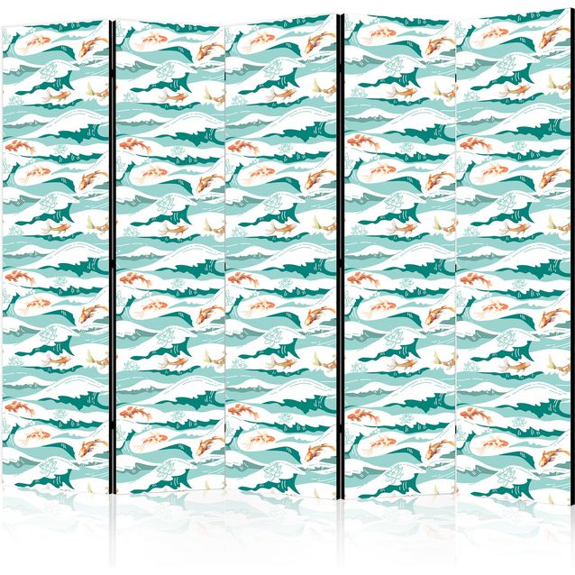 CONFIGURABLE PÄÄTUOTE - Sermi - Fish Jumping Above The Waves - Oriental Fish And Water Lilies Among High Waves in Shades of Sea Green 08150