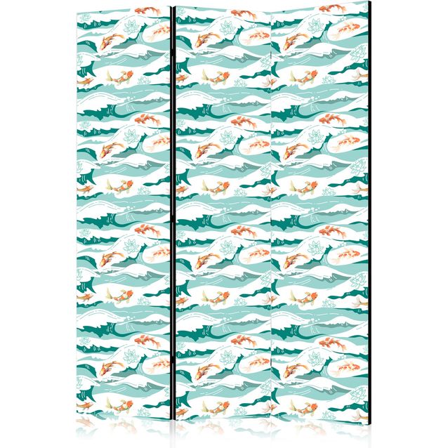 CONFIGURABLE PÄÄTUOTE - Sermi - Fish Leaping Above the Waves - Oriental Fish and Water Lilies Among High Waves in Sea Green Colors 10641