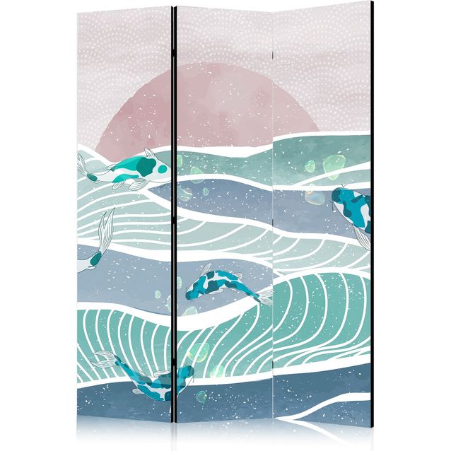 CONFIGURABLE PÄÄTUOTE - Sermi - Picturesque Landscape With Fish - Sunset And Koi Fish in Shades of Turquoise And Blue. Floating Above The Water 09959