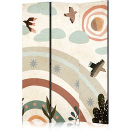 Sermi Artgeist Sun Above the Rainbow - Birds in Subdued Colors Flying Among Clouds Above a Rainbow and Vegetation on a Light Beige Background, eri vaihtoehtoja
