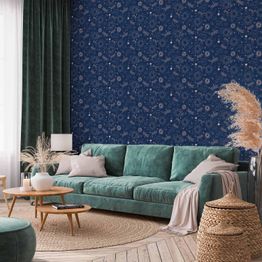 Tapetti Artgeist Cosmic Fantasy Pattern with Suns Moons and Dragonflies on a Dark Background, sininen, 50cm x 10m