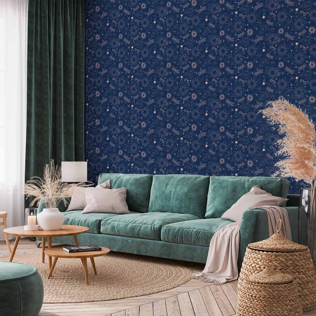 Tapetti - Cosmic Fantasy - Pattern with Suns - Moons - and Dragonflies on a Dark Background.