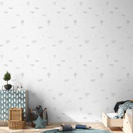 Tapetti Artgeist Drawing Airplanes balloons and airships against a sky full of birds, mustavalkoinen, 50cm x 10m