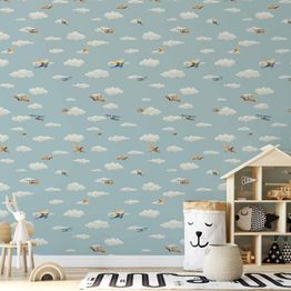 Tapetti Artgeist Illustration Yellow-blue airplanes against a blue sky, harmaa, 50cm x 10m