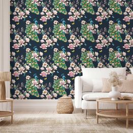 Tapetti Artgeist Magnolias and Peacocks, beige, 50cm x 10m