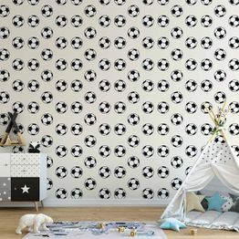 Tapetti Artgeist Soccer Symmetrical black-and-white soccer balls on a beige background, mustavalkoinen, 50cm x 10m