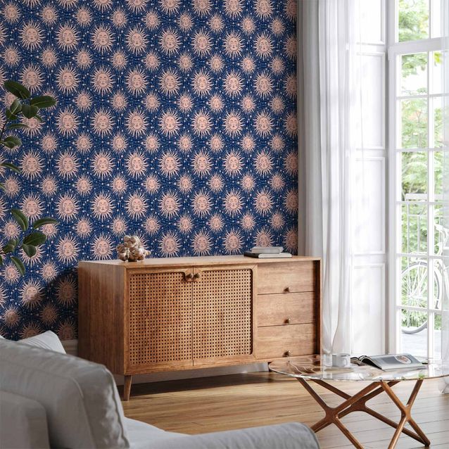 Tapetti - Sunny Patterns - Repeating sun motif on a navy background.