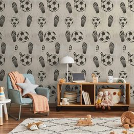 Tapetti Artgeist Traces and Balls Black-and-white soccer motifs on a beige background, valkoinen, 50cm x 10m