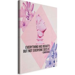 Taulu Artgeist Beauty in the Eyes - Inspirational Quote with Pink Bust and Flowers, eri vaihtoehtoja