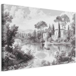 Taulu Artgeist Black and White Vintage Landscape Retro View of a Pond with a Boat, eri vaihtoehtoja