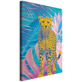 Taulu Artgeist Exotic Leopard - Colorful Portrait of a Cheetah Against Tropical Leaves, eri vaihtoehtoja