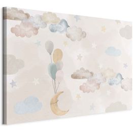Taulu Artgeist Fairy-Tale Moon - Pastel Moon with Balloons Among Colorful Clouds and Stars in Subdued Colors on a Light Background, eri vaihtoehtoja
