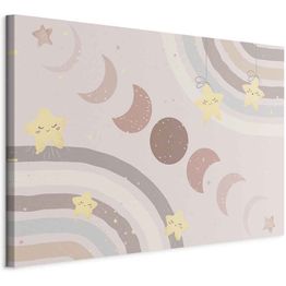 Taulu Artgeist Joyful Sky - Yellow Cheerful Stars with a Rainbow Against the Phases of the Moon in a Light Beige Sky Hue, eri vaihtoehtoja