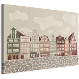 Taulu Artgeist Salt Square - Colorful Illustrated Townhouses Against a Cloudy Sky Background, eri vaihtoehtoja