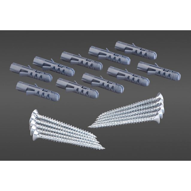 Ruuvitarvikesetti seinäkiskojen asentamiseen puu-, tiili-, tai betoniseinään