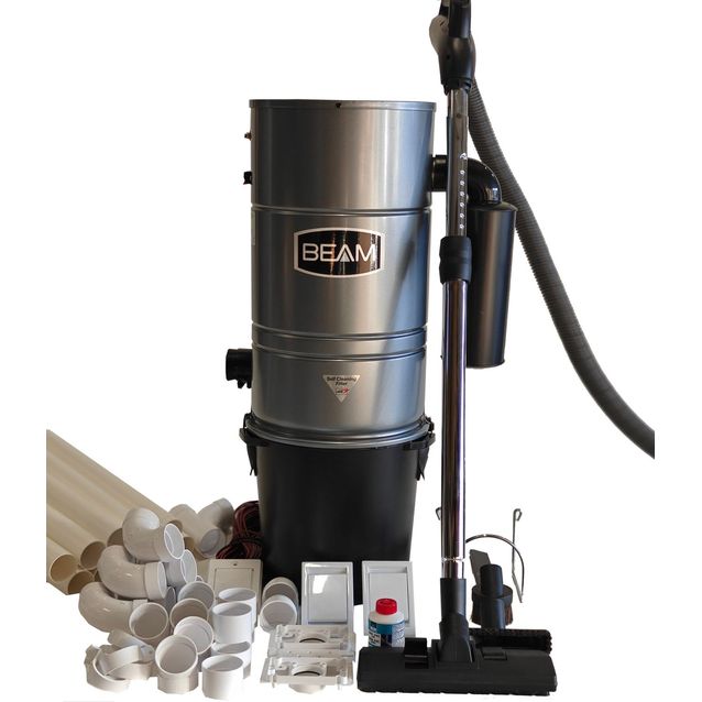 Järjestelmäpaketti Beam 200 E, sis. keskusyksikkö, rasiakäynnisteinen imusarja (teleskooppivarsi, lattiamatto-, pöly-, rako- ja tekstiilisuulake, 9m imuletku, letkuteline), imurasian asennussarja, 18m putki