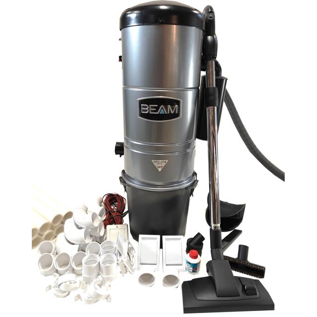 Järjestelmäpaketti Beam 345 E, sis. keskusyksikkö, rasiakäynnisteinen imusarja (teleskooppivarsi, lattiamatto-, pöly-, rako- ja tekstiilisuulake, 9m imuletku, letkuteline), imurasian asennussarja, 18m putki