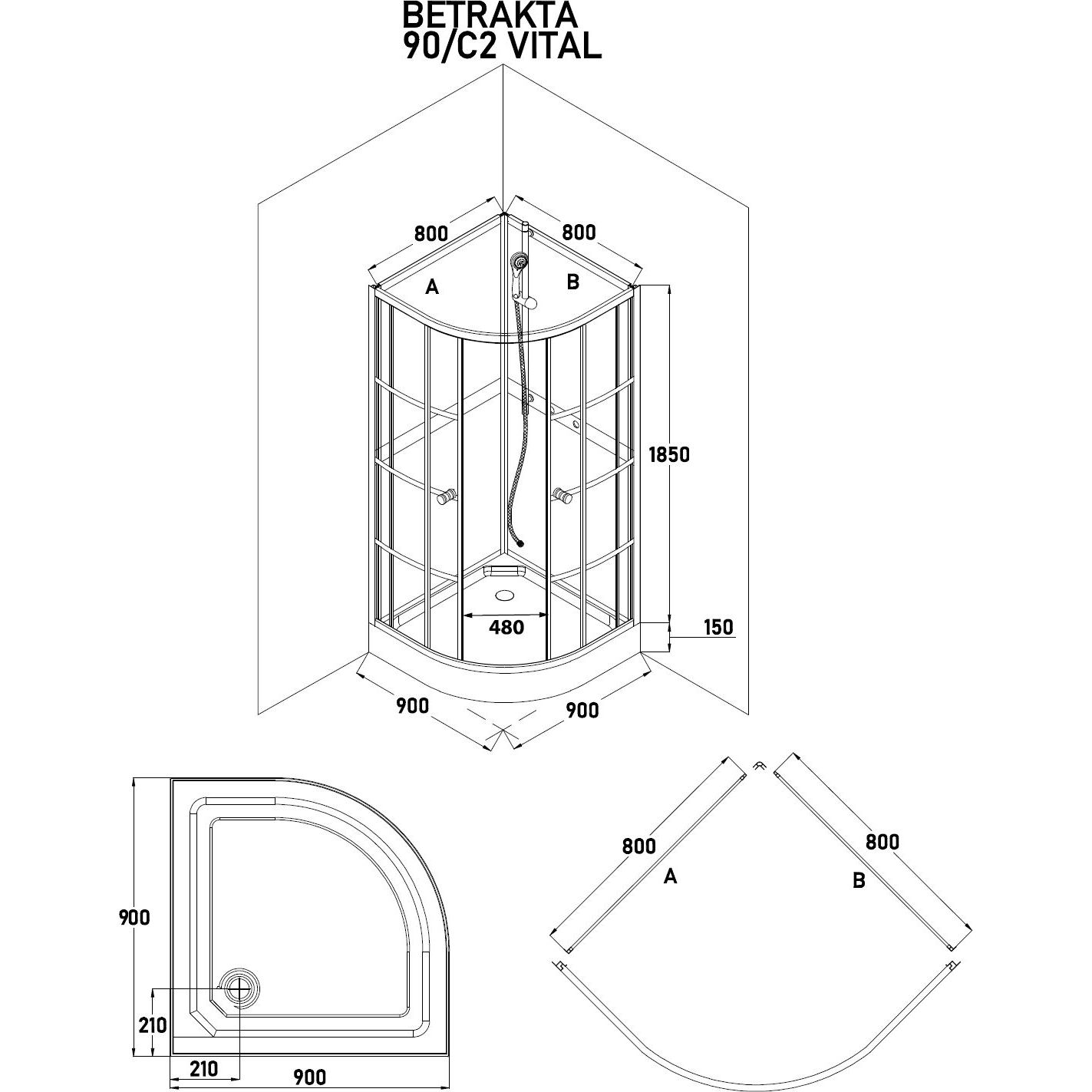 Suihkukaappi Bathlife Betrakta, 900x900mm, pyöreä, musta kehys mittakuva
