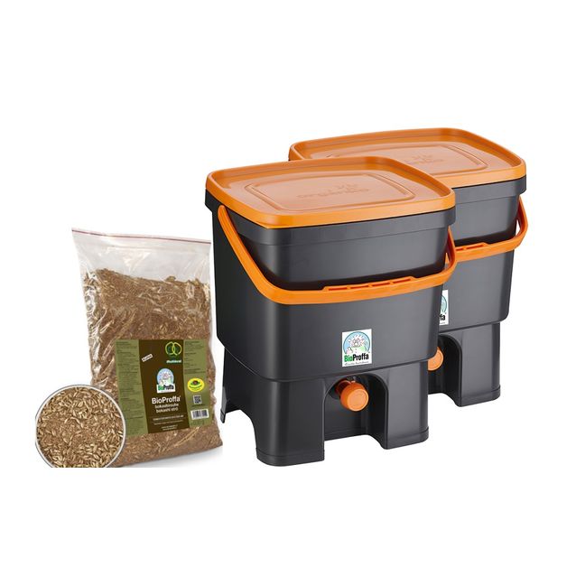 Bokashi keittiökompostori BioProffa Organko tuplapakkaus 16 l musta/oranssi