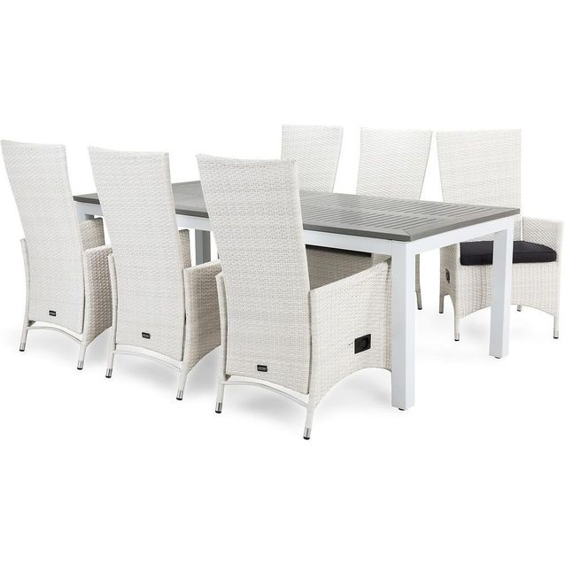 Ruokailuryhmä Monaco 220-280 + 6 Jenny säädettävää nojatuolia, valkoinen/harmaa