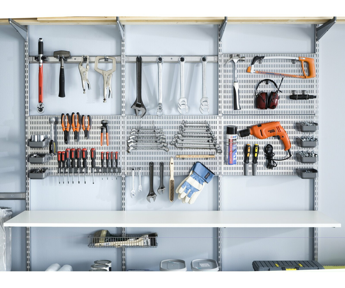Garage-malliston osat ratkovat työkalujen säilytyksen ja säilytystaulu on järjestelmän tärkeä perusosa