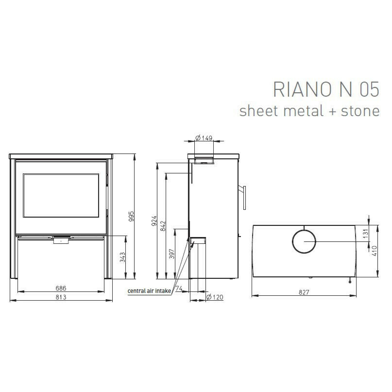 Valmistakka Riano N05, metalli, päältä kiveä, 184kg, 11kW (160m3)