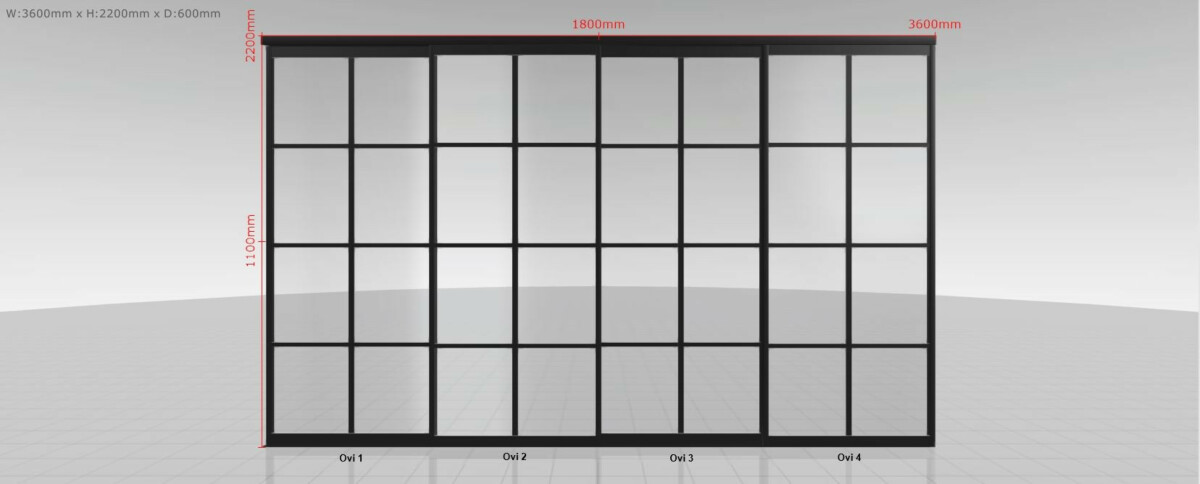 Tilanjakaja/liukuovi Mirror Line Ruudukko musta neljällä ovella matala malli mittatilaus mittakuva