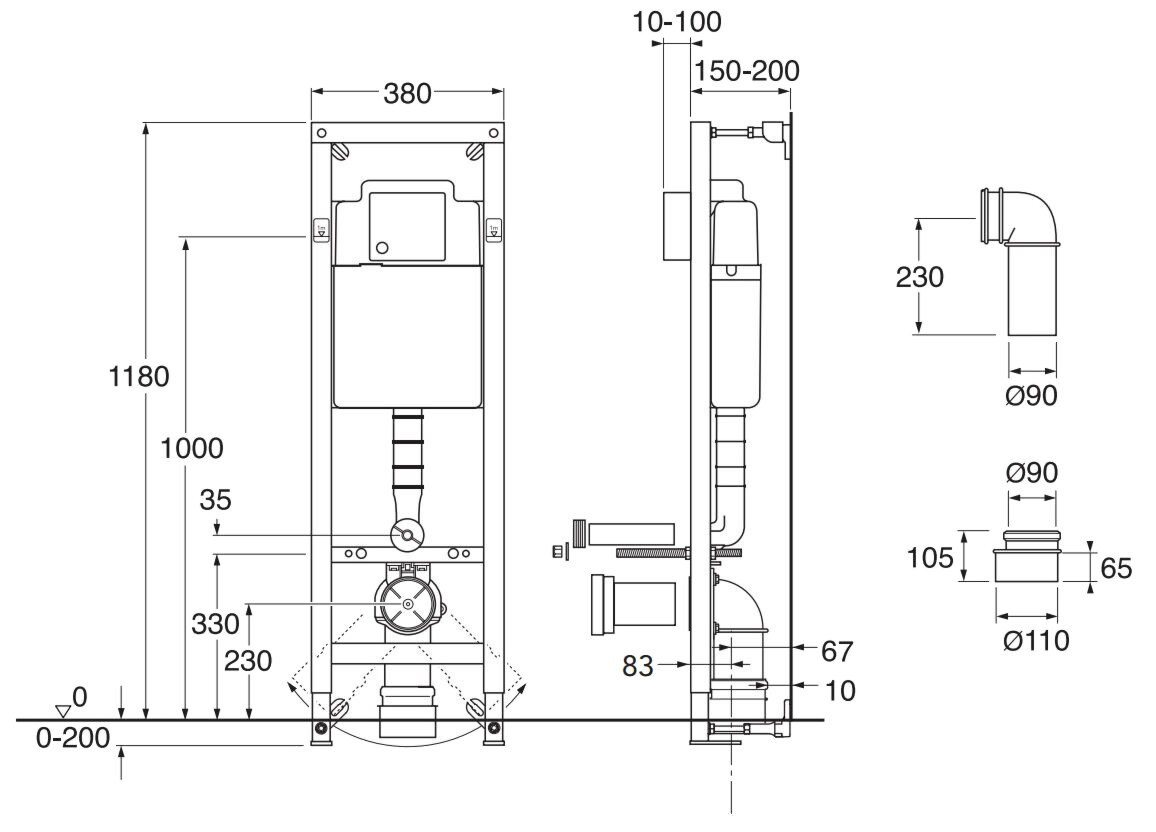 WC-asennusteline Gustavsberg Triomont XS 6 L tai 3/6 L huuhtelu mitat