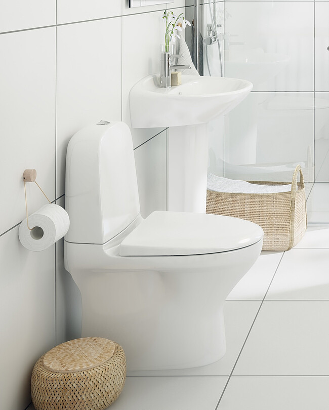 WC-istuin Gustavsberg Estetic 8300 piilo S/P-lukko, Hygienic Flush, C+, valkoinen kylppärissä