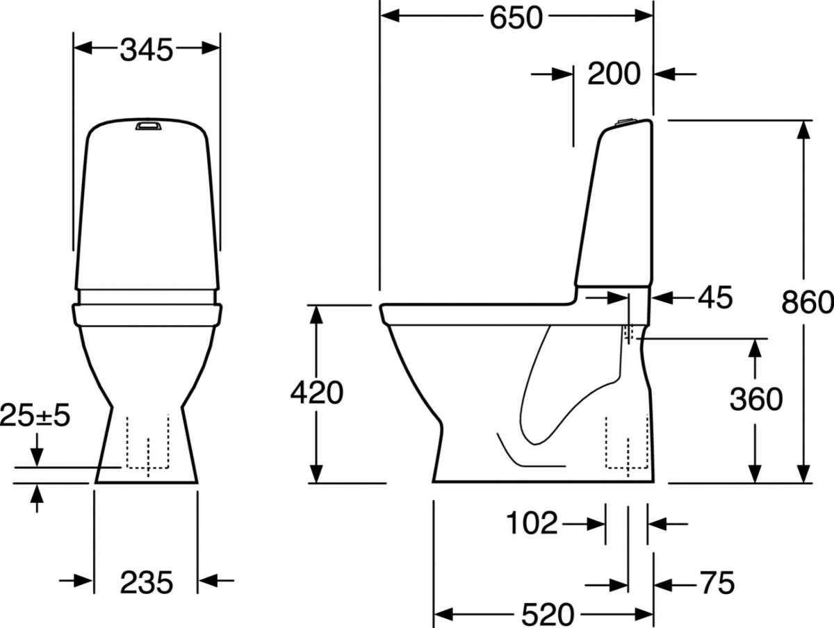 WC-istuin Gustavsberg Nautic 1500 Hygienic Flush kaksoishuuhtelu kanneton piilo-S-Lukko mittakuva