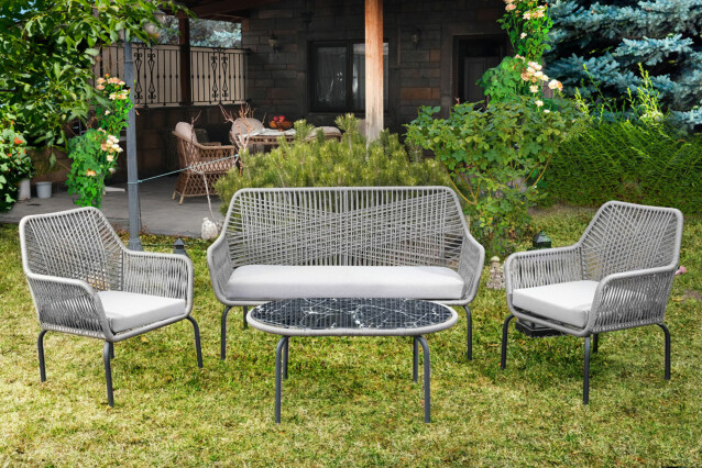 Oleskeluryhmä Linento Garden Beta, 2-istuttava sohva + 2 nojatuolia + sohvapöytä, harmaa
