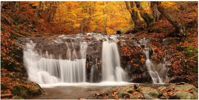 Kuvatapetti Artgeist Autumn Landscape: Waterfall in Forest 550x270cm