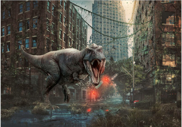 Sisustustarra Artgeist Dinosaur in the City eri kokoja