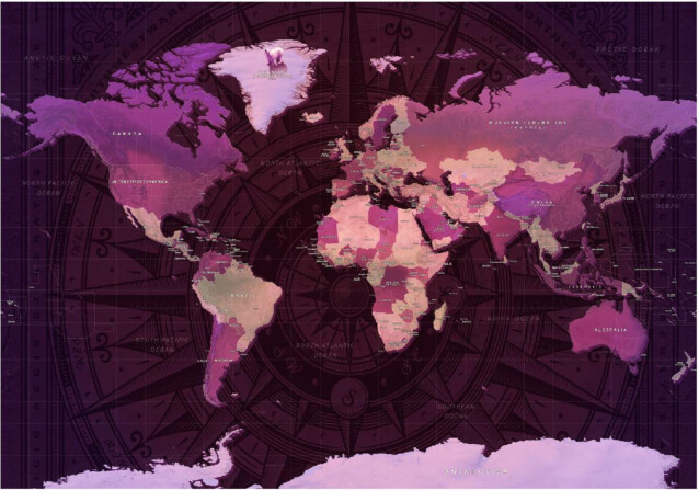Sisustustarra Artgeist Purple World Map eri kokoja