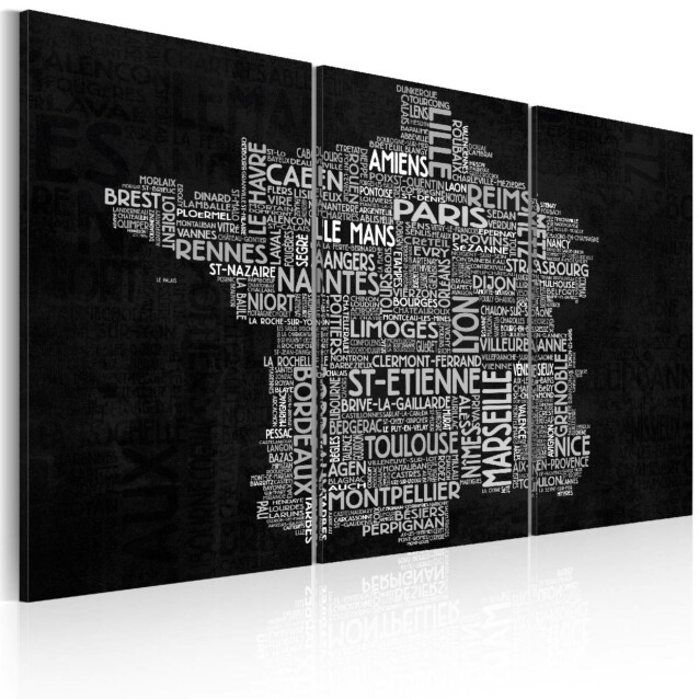 Taulu Artgeist Text map of France on the black background, 3-osainen, eri kokoja