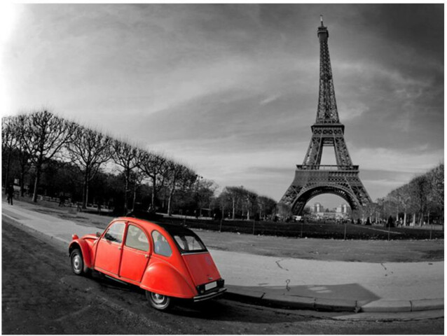 Kuvatapetti Artgeist Eiffel-torni ja punainen auto eri kokoja